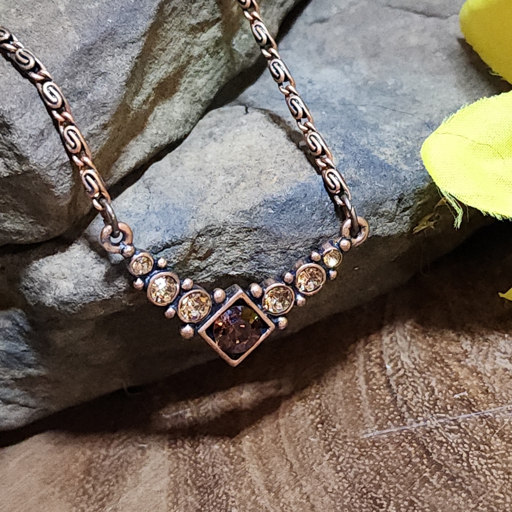 1928 Copper Toned Necklace with Brown And Amber Colored Crystal Accents